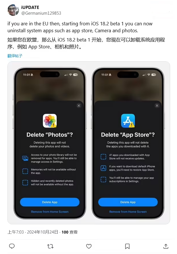 津南苹果手机维修分享iOS 18.2 支持删除 App Store 应用商店 