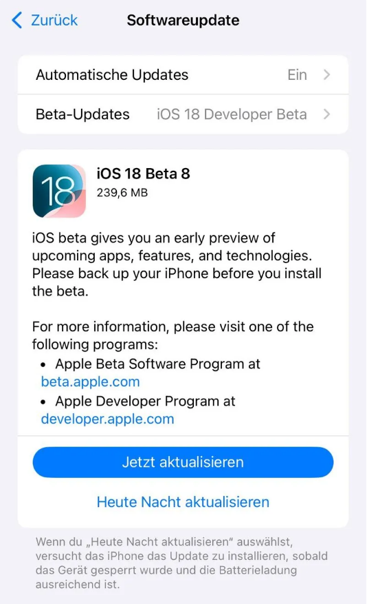 津南苹果手机维修分享苹果 iOS / iPadOS 18 开发者预览版 Beta 8 发布 